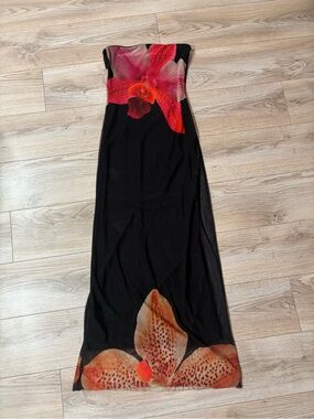 Stradivarius Black Floral Strapless Maxi Dress Size M